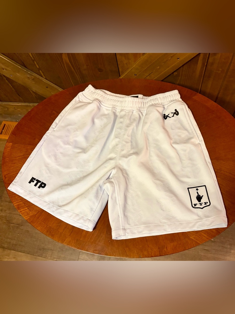 FTP White Athletic Mesh Shorts with Black Logos